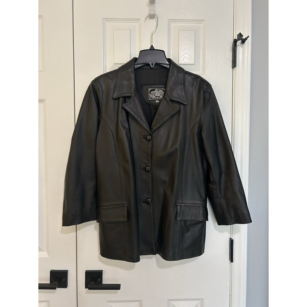 Vintage 90s Vera Pelle Black Italian Leather Blazer Jacket Women's 46 Italy